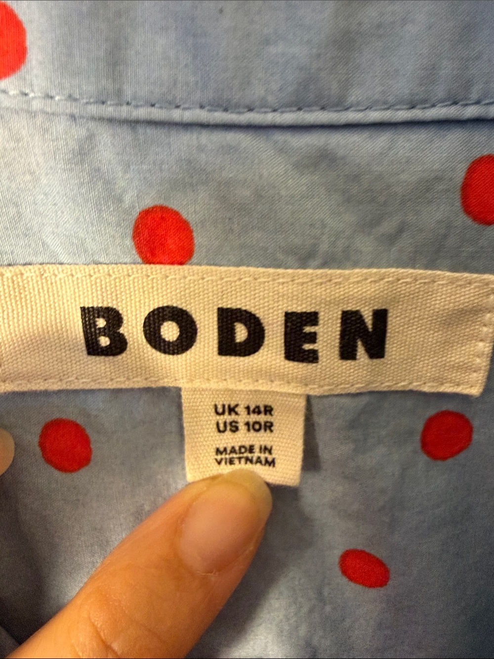 Boden Sienna Polka Dot Button Down Collared Top Shirt Light Blue Red Size 10R - Picture 4 of 12